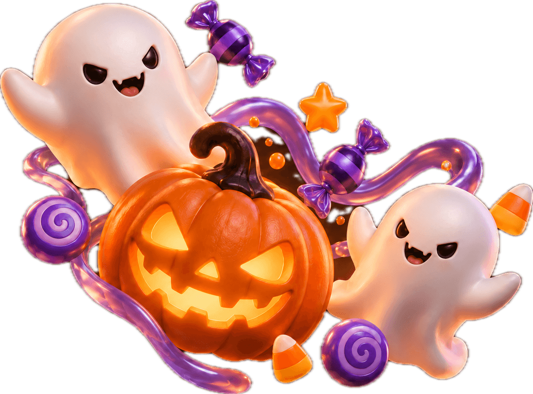 Playful 3D ghosts, a glowing jack-o’-lantern and Halloween candy